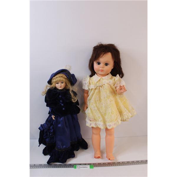 Porcelain Doll in Blue Dress on Stand (18" Tall) Doll in Yellow Dress (Broken Toes - 24" Tall)