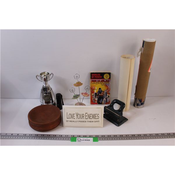 Lot of: Vintage Hole Punch, Love your enemies, French Painting Print in Roll, Misc.