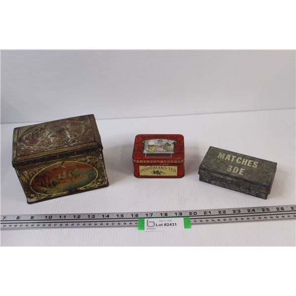 (3) Collectors Tins: Matches, Hornman's Tea, Misc.