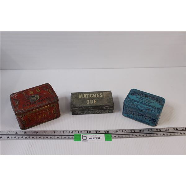 (3) Collectors Tins: Matches, Tobacco, Tea
