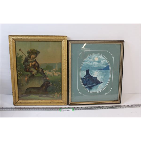 Boy Playing Bagpipes w/Dog in Wooden Frame - 16"x12", Castle in Cross-stitch Framed - 15"x13"