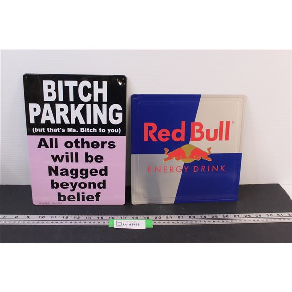 (2) Metal Signs: Parking Sign - 12"x 8", Redbull 10"x10"