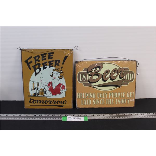 (2) Metal Signs: Free Beer, Ugly Beer - 10"x8"