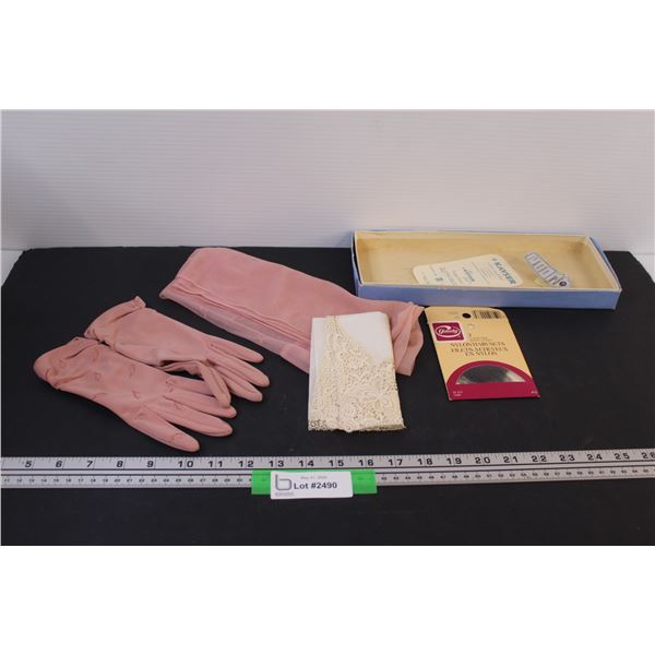Vintage Ladies Gloves & Matching Scarf, Lace Napkin & Hairnet