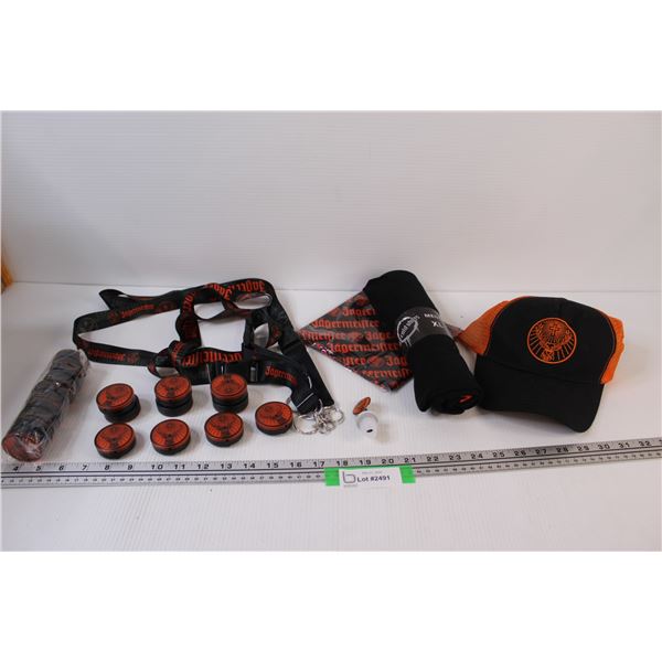 Jagermeister Lot: (3) Lanyards, Baseball Hat, Shirt, Bottle Pourer, (20) Light pin Clips