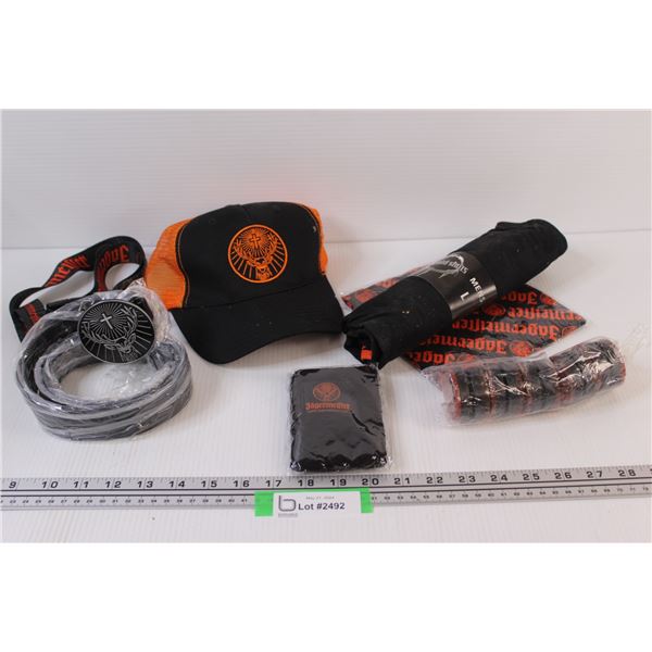 Jagermeister Lot: Lanyards, Baseball Hat, Shirt, Belt, (10) Light pin Clips, Wrist Sweat Bands