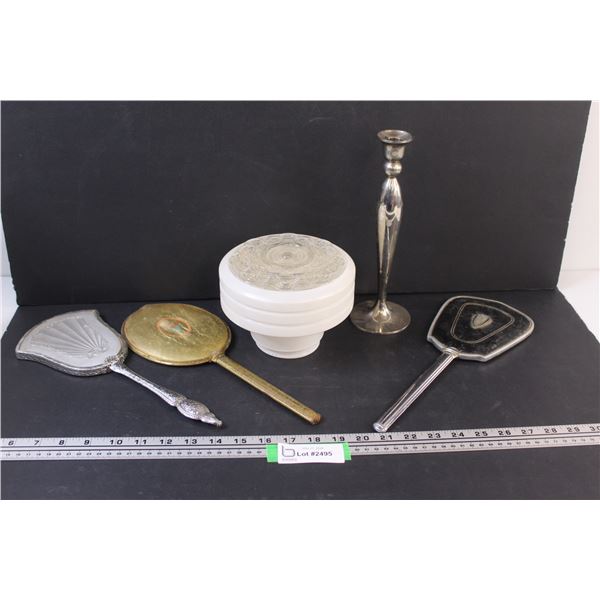 (3) Vintage Handheld Mirrors, Silver Candlestick, Vintage Light Cover (6")