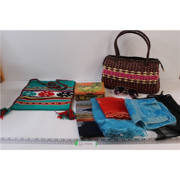(2) Purses, Sunglasses, (5) Scarves, Swan Keepsake Box