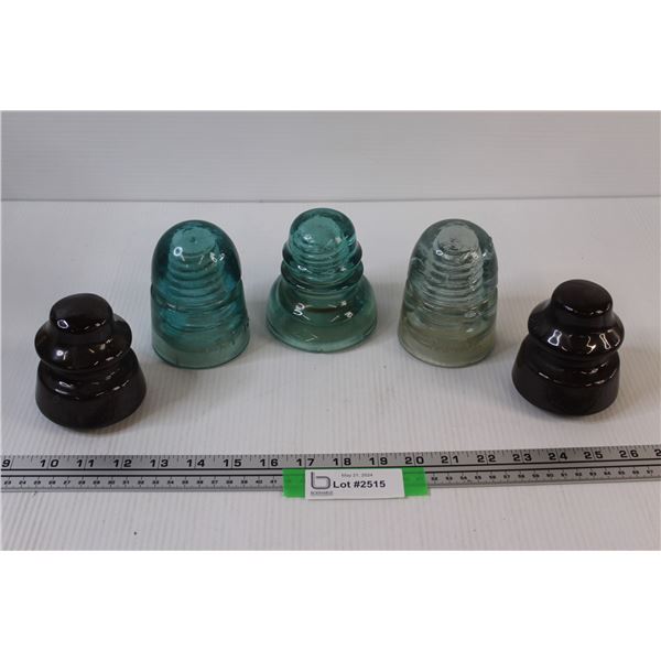 (3) Blue Glass Insulators (2) Brown Glass Insulators