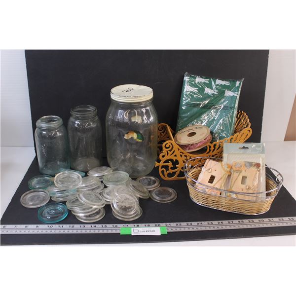 (3) Glass Jars & Glass Canning Lids, Metal Basket w/Themed Light Switches, Wooden Display Sleigh w/ 