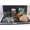 Image 1 : (3) Glass Jars & Glass Canning Lids, Metal Basket w/Themed Light Switches, Wooden Display Sleigh w/ 