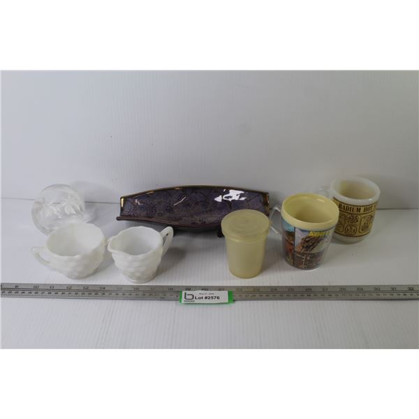 Ceramic Dish (Made in Astria) - Bakelight Mug ( Radium Hot Springs) - Milk Glass Creamer & Sugar Bow