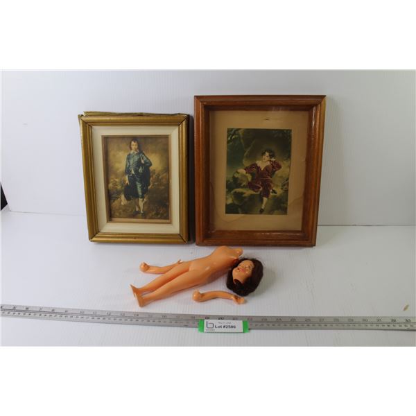 Hard Plastic Doll in Pieces w/Rolling Eyes - (2) Vintage Prints Renaissance Themed