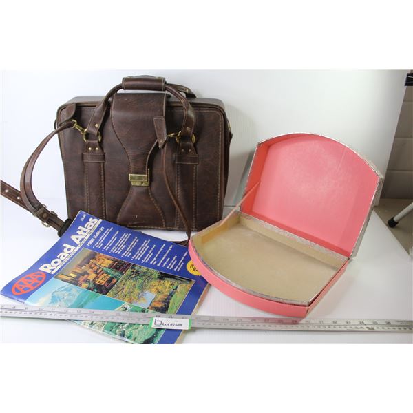 Leather Office Suit Case - Vintage Card Board Box? - 1986 Road Atlas (States - Mexico - Canada)