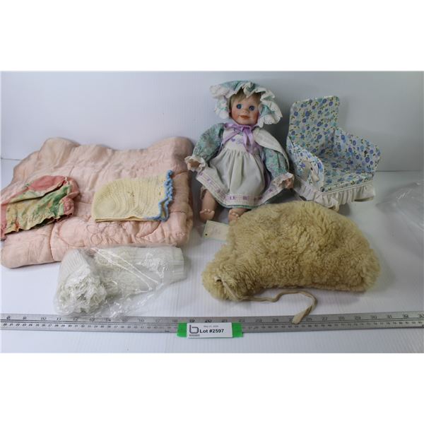 Porcelain Doll w/Chair - Lace Edging - Knitted Baby Hat - Fuzzy Hood - Vintage Cloth Hat - Vintage D