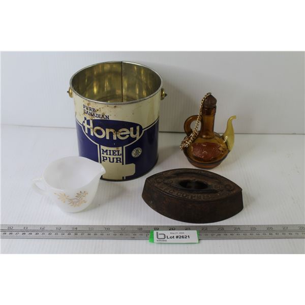 Glass Corked Bottle - Pure Canadian Honey Tin - Fire King Creamer - Vintage Sad Iron