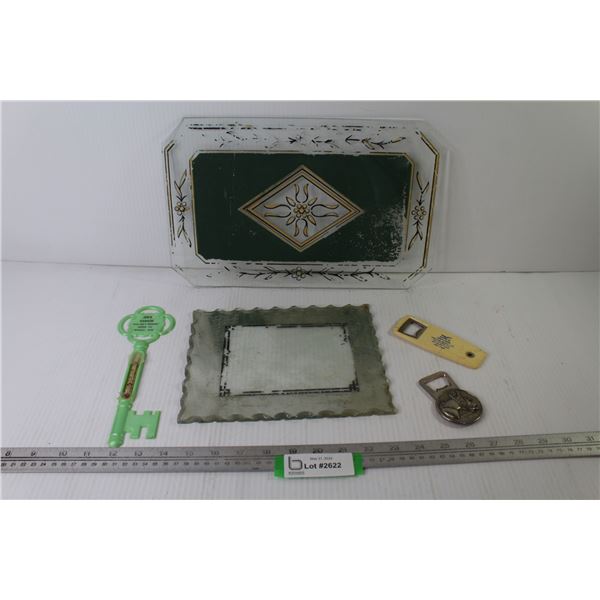 Plastic Joe's Garage Thermometer - Glass Cutting Board - Glass Frame - Buick Weyburn Bottle Opener -