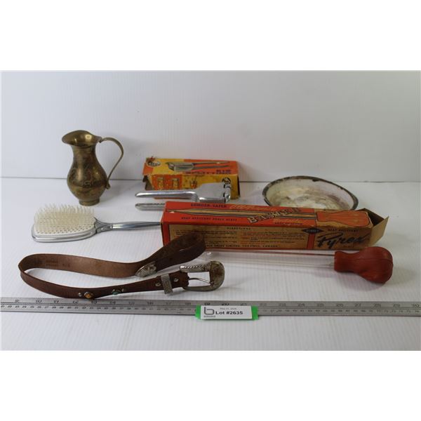 Vintage Lime Squeeze - All Purpose Baster - Vintage Brush - Brass Vase Pitcher - Childs Western Belt