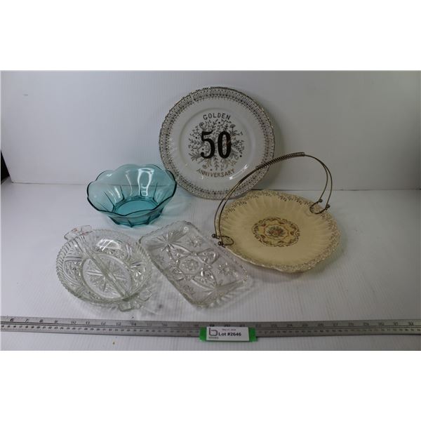 50th Anniversary Plate - Vintage Plate w/Wire Handle - Crystal Dishes - Blue Glass Bowl