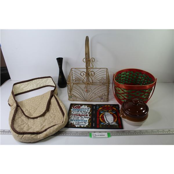 Crock Bowl - Religious Stained Glass Piece - Woven Basket - Wire Basket - Bud Vase - Cloth Bag