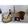 Image 1 : Crock Bowl - Religious Stained Glass Piece - Woven Basket - Wire Basket - Bud Vase - Cloth Bag