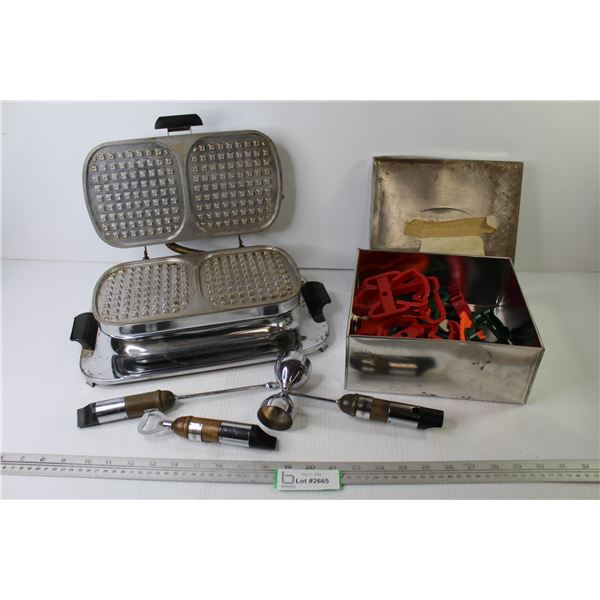 Bar tools w/Whistles - Vintage Waffle Maker (no cord) - Tin of Plastic Cookie Cutters
