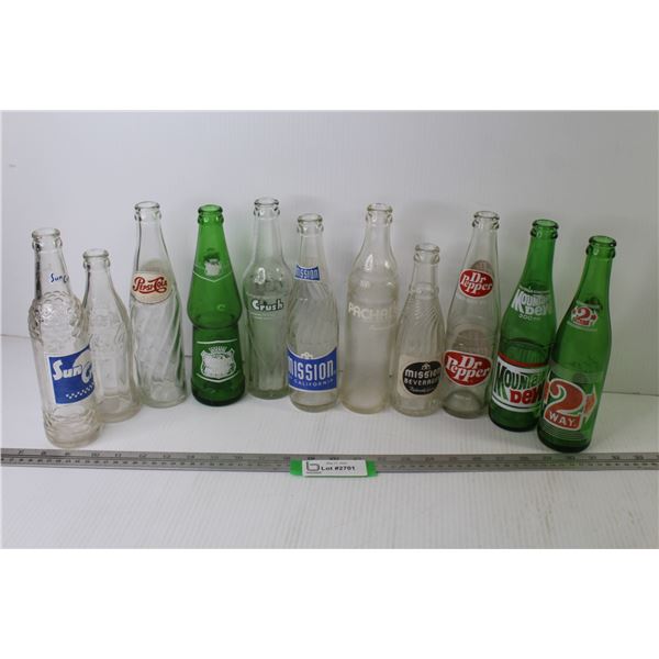 (11) Pop Bottles - SunCrest - Coca-Cola - Mountain Dew - Dr Pepper - Mission - Pepsi-Cola
