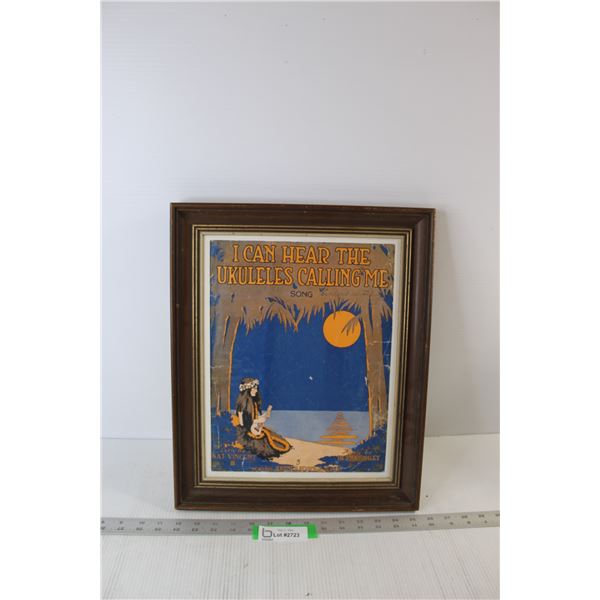 "Ukuleles Calling Me" Picture in Wooden Frame - 17"x 14" - Some Wear