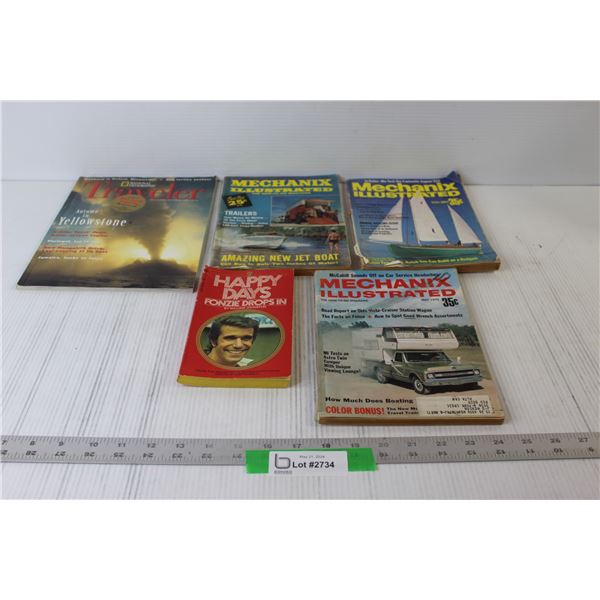 (5) Books: Mechanix Illustrated, Happy Days, National Geographic Traveler