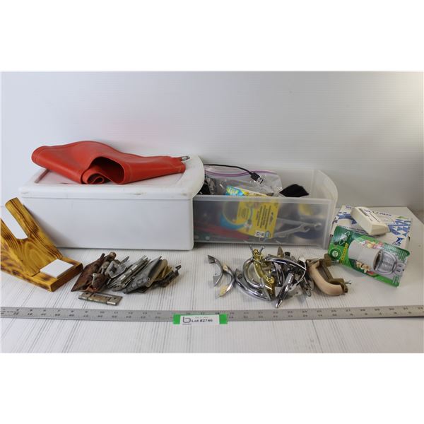 Lot of: Drawer w/Household Fix-it Items, Various Cabinet Handles, Cabinet Hinges, Donut, Misc.