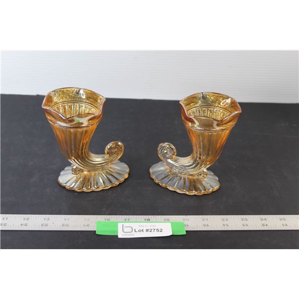 (2) Carnival Glass Cornucopias - 5" Tall