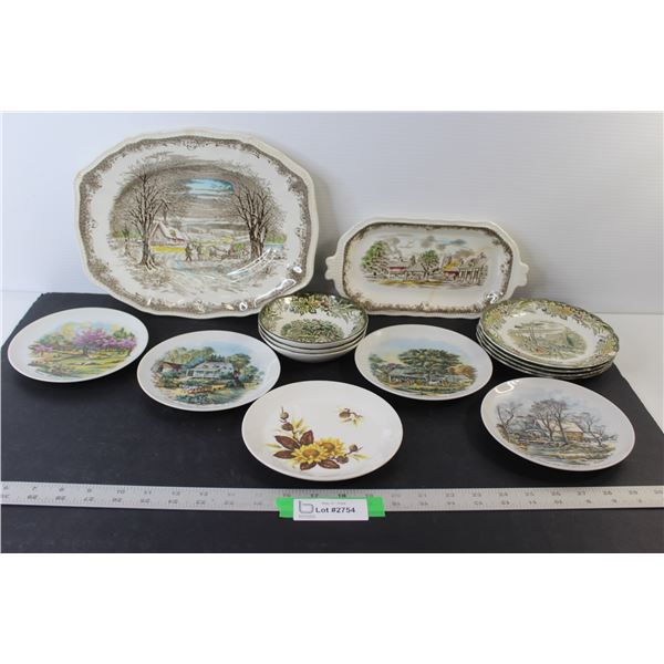 Collectable China: (2) Serving Trays, (4) Dessert Plates (2-Chipped), (3) Bowls, (4) Landscapes, (1)