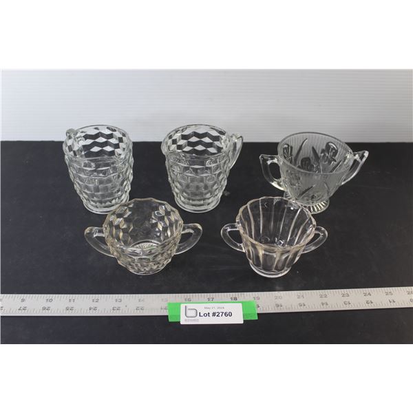 (2) Clear Glass Creamers,, (3) Glass Sugar Dishes