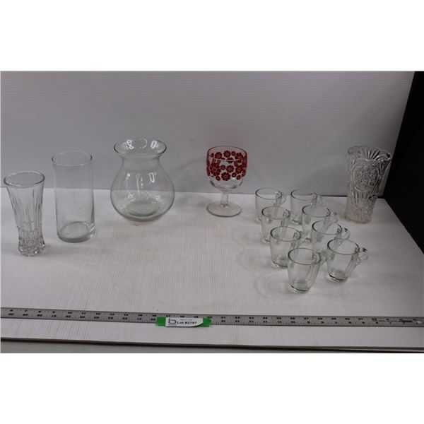 (12 pcs) Glass (3) Vases, (1) Goblet, (8) Glass Cups & (1) Plastic Crystal LOOKING Vase