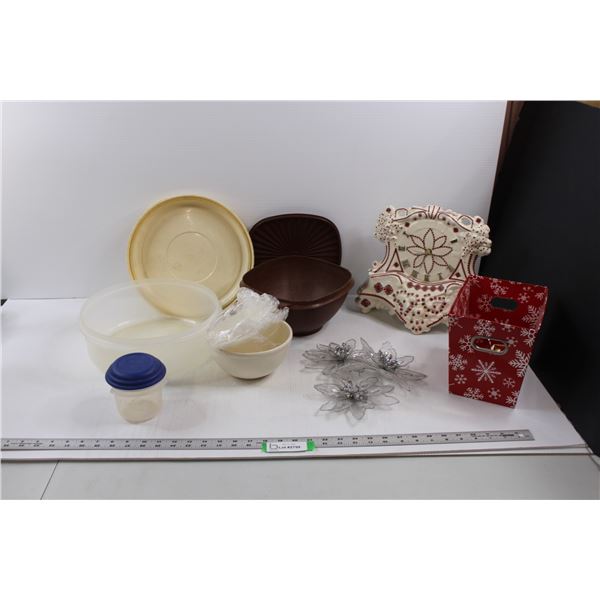 (3) Storage Containers w/Lids, Stoneware Bowl, Ukrainian Ceramic Clock & (3) Decor. Flowers w/Snowfl