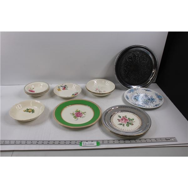 (12 pcs) China/Ironware - (8) Bowls, (4) Plates & Tin Serving Platter