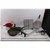 Image 1 : Various Kitchen Items - (4) Strainers, Sifter, (2) Frying Pans, (5) Cooling Racks, Glass Casserole D