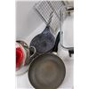 Image 3 : Various Kitchen Items - (4) Strainers, Sifter, (2) Frying Pans, (5) Cooling Racks, Glass Casserole D