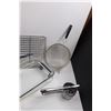 Image 5 : Various Kitchen Items - (4) Strainers, Sifter, (2) Frying Pans, (5) Cooling Racks, Glass Casserole D