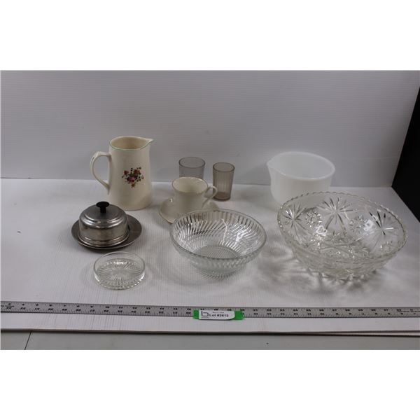 Kitchen Items - Mixing Bowl. Serving Bowls, Candy Dish, Tin Butter Tray w/Lid, Pitcher, Plastic Glas