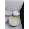 Image 4 : (6 pcs) Kitchen Ware - Mixing Bowls, Tupperware Pitcher w/Lid, Enameled Bowl
