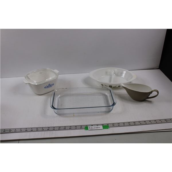 (3 pcs) Baking Dishes (Few Chips, Broken Knob of Lid) & Gravy Boat