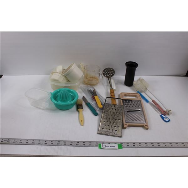 Various Kitchen Items - Bottle Brushes, Juicer, Graders, Masher, Knives, Slicer, Measuring Cup etc.