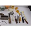 Image 4 : Various Kitchen Items - Can Opener, Spoons, Flippers, Mashers, Strainers, Pasta Spoon, Scoop, Zester