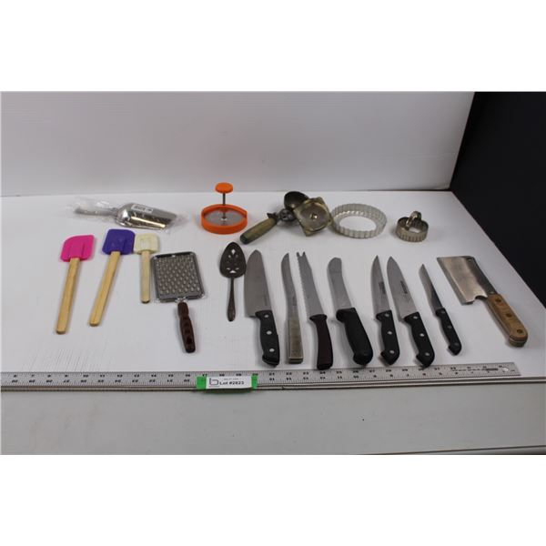 Various Kitchen Items - Grader, Spatulas, Pie Server, Scoop, Knives, Cleaver, Cookie Cutters, Ice Cr