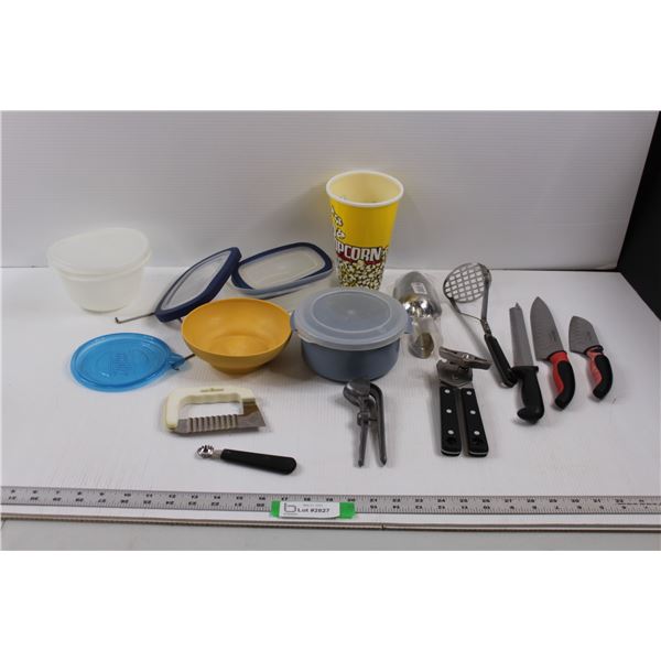 Various Kitchen Items - Storage Containers, Garlic Press, Can Opener, Knives, Masher, Scoop,