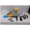 Image 1 : Various Kitchen Items - Storage Containers, Garlic Press, Can Opener, Knives, Masher, Scoop,