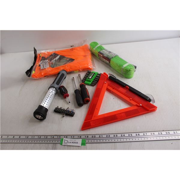 Hi Vis Vest, Tow Strap, Assorted Tools