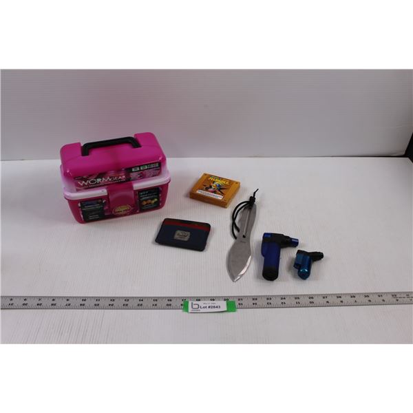 South Bend Worm Gear (88 pc) Kids Tackle Box - Complete, (2) Mini Torches (Untested), SOG "Fling" Th