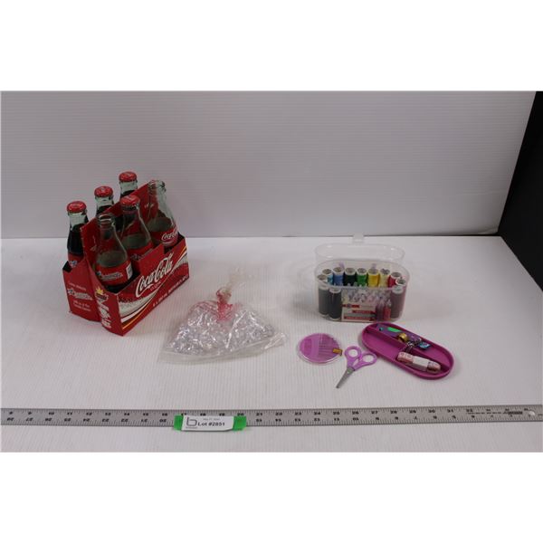 (6 pk) Coca-Cola Saskatchewan Centennial 2005 (3- Full, 3- Empty), Thread/Sewing Kit & Clear Decorat